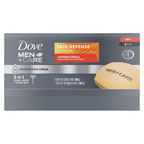 Dove Men+Care Skin Defense soap bar in lather close-up demonstrates rich cleansing foam.