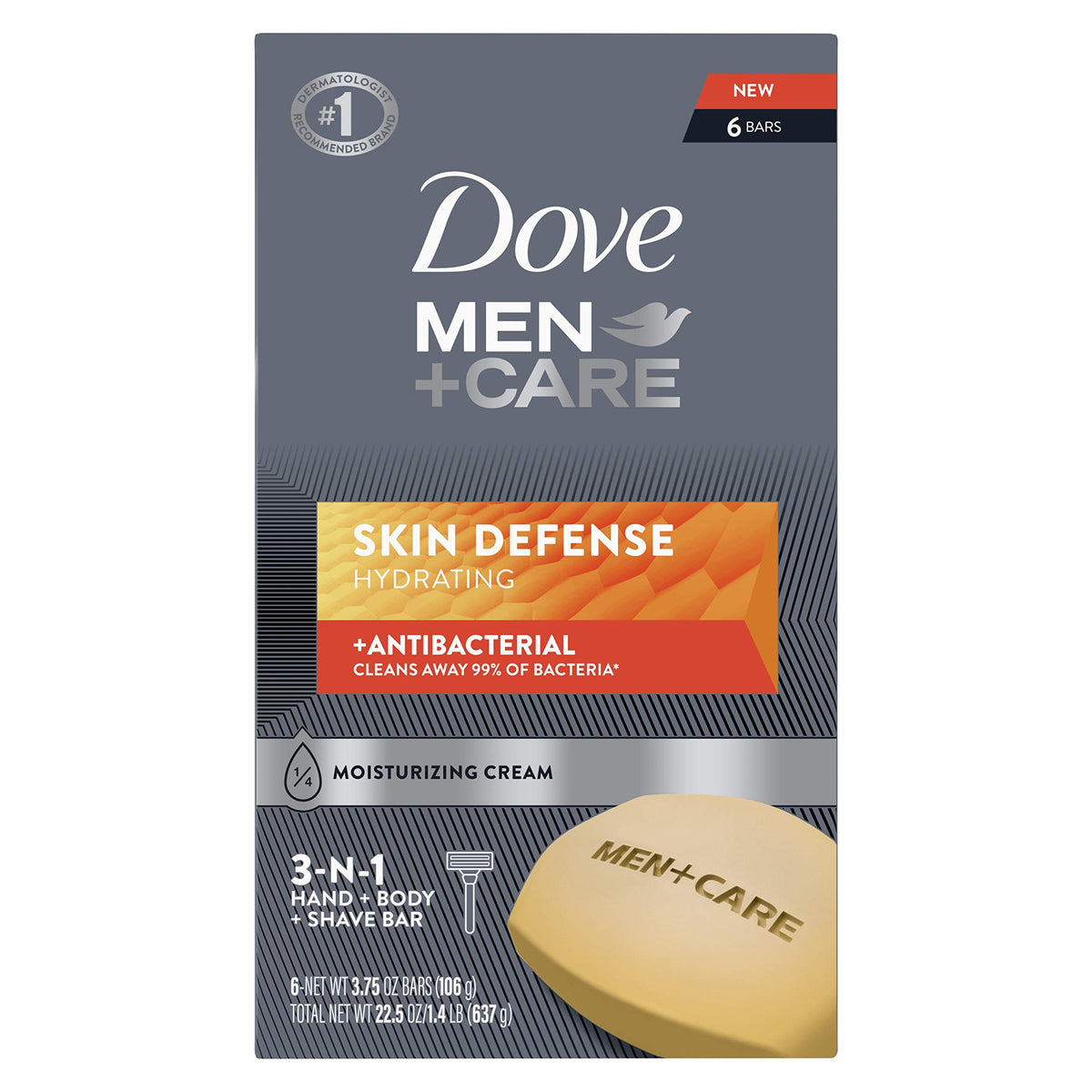 Dove Men+Care Skin Defense soap bar pack shot shows antibacterial formula for clean skin.