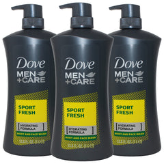 Dove Men+Care Sport Fresh body wash pump bottle for refreshed, hydrated skin after workouts.
