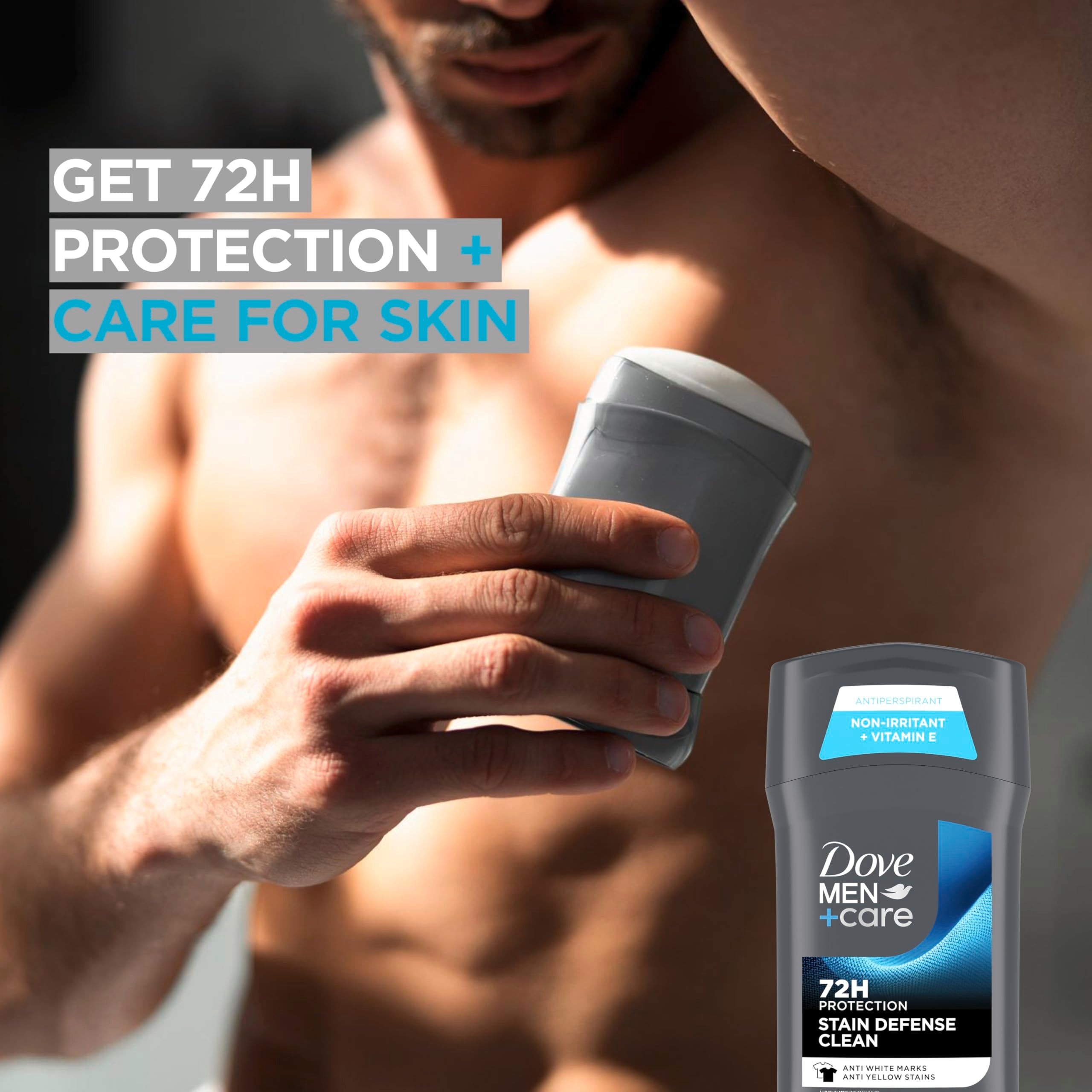 Dove Men+Care Stain Defense Clean 72-hour protection icon displayed.
