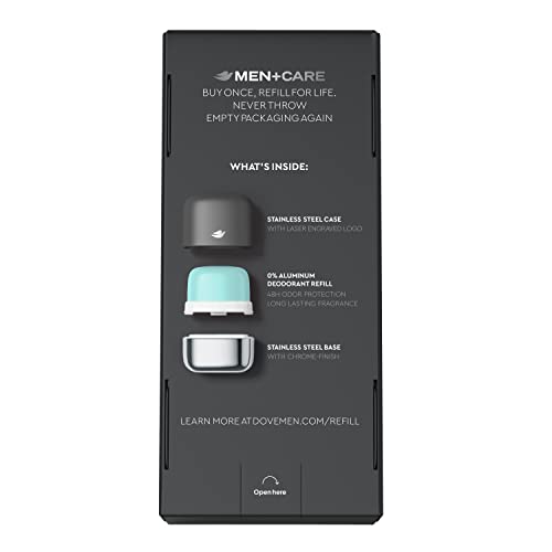 Dove Men+Care stainless steel case highlighting durable, aluminum-free storage.