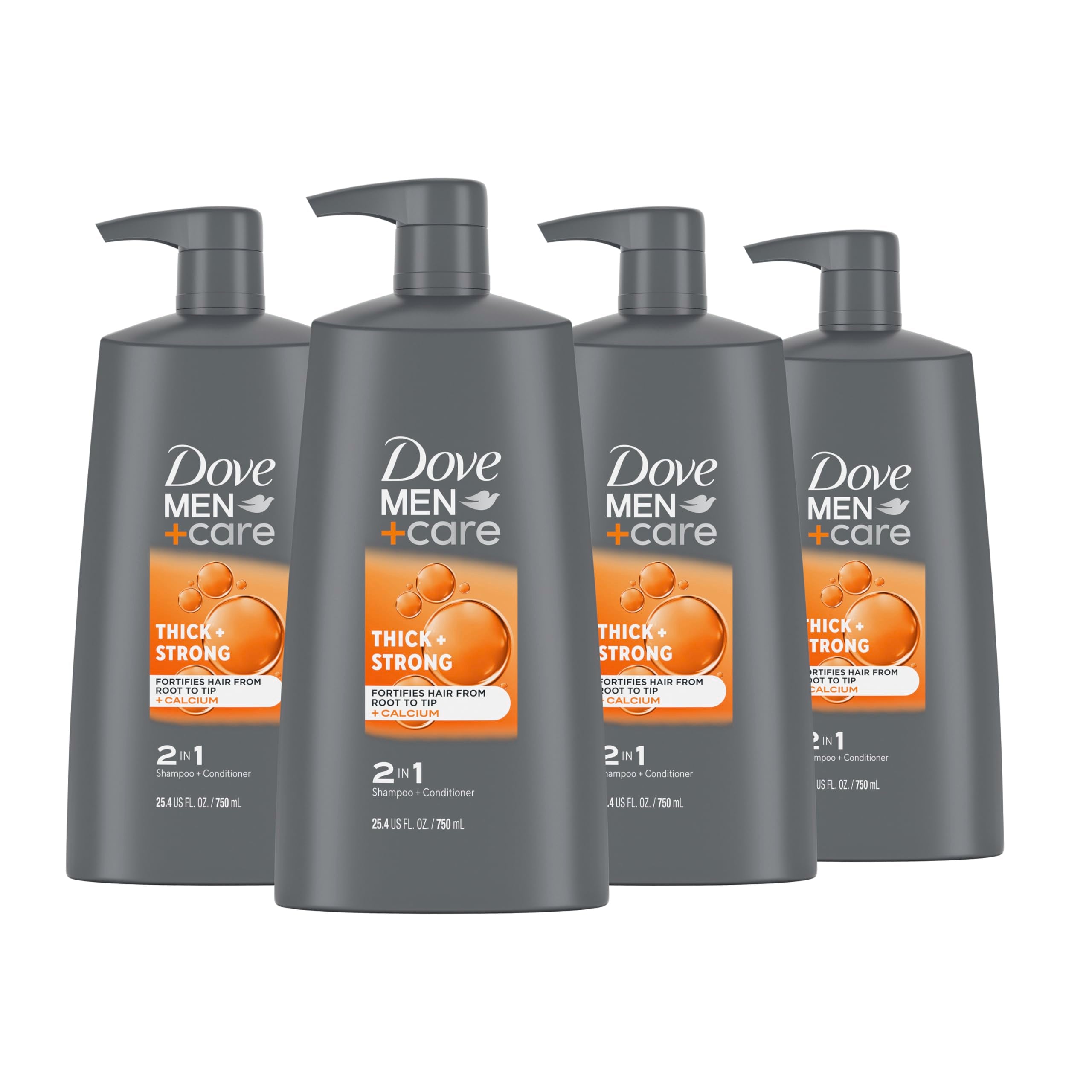 Dove Men+Care Thick & Strong 2-in-1 bottle ready for daily showers.