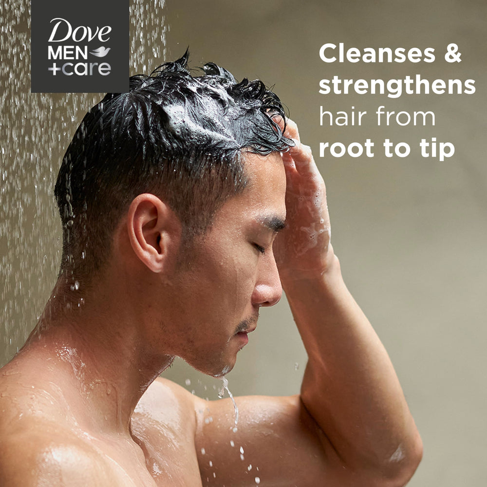 Dove Men+Care on bathroom shelf display with all products in the line.