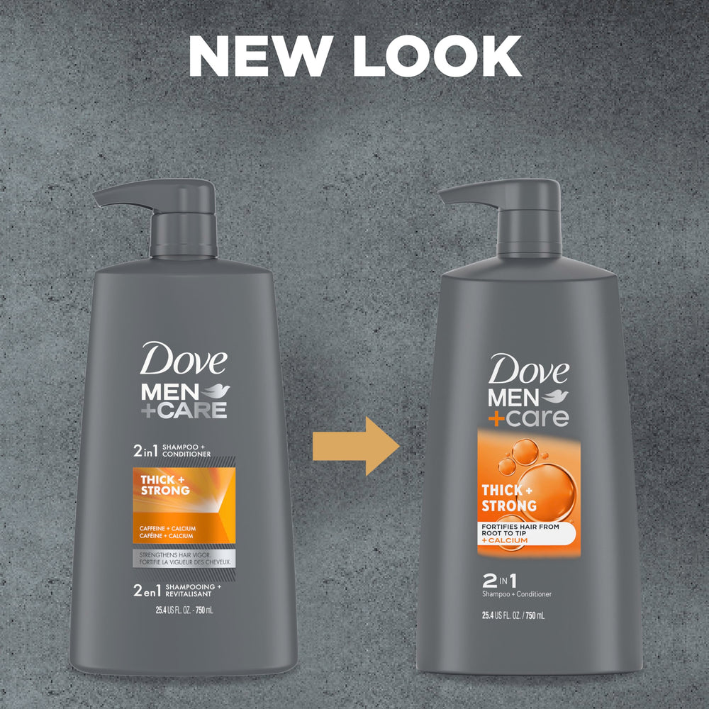 Dove Men+Care calcium and caffeine ingredients help reinforce hair fibers.