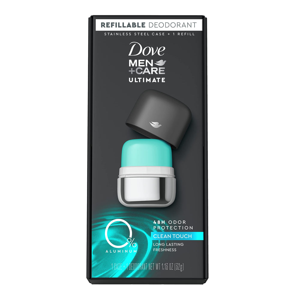 Dove Men+Care Ultimate refillable deodorant kit base shows reusable design for less waste.