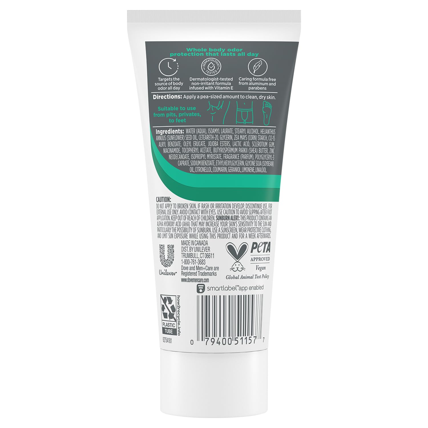 Dove Men+Care Whole Body Deo cream applied under the arm for odor protection.