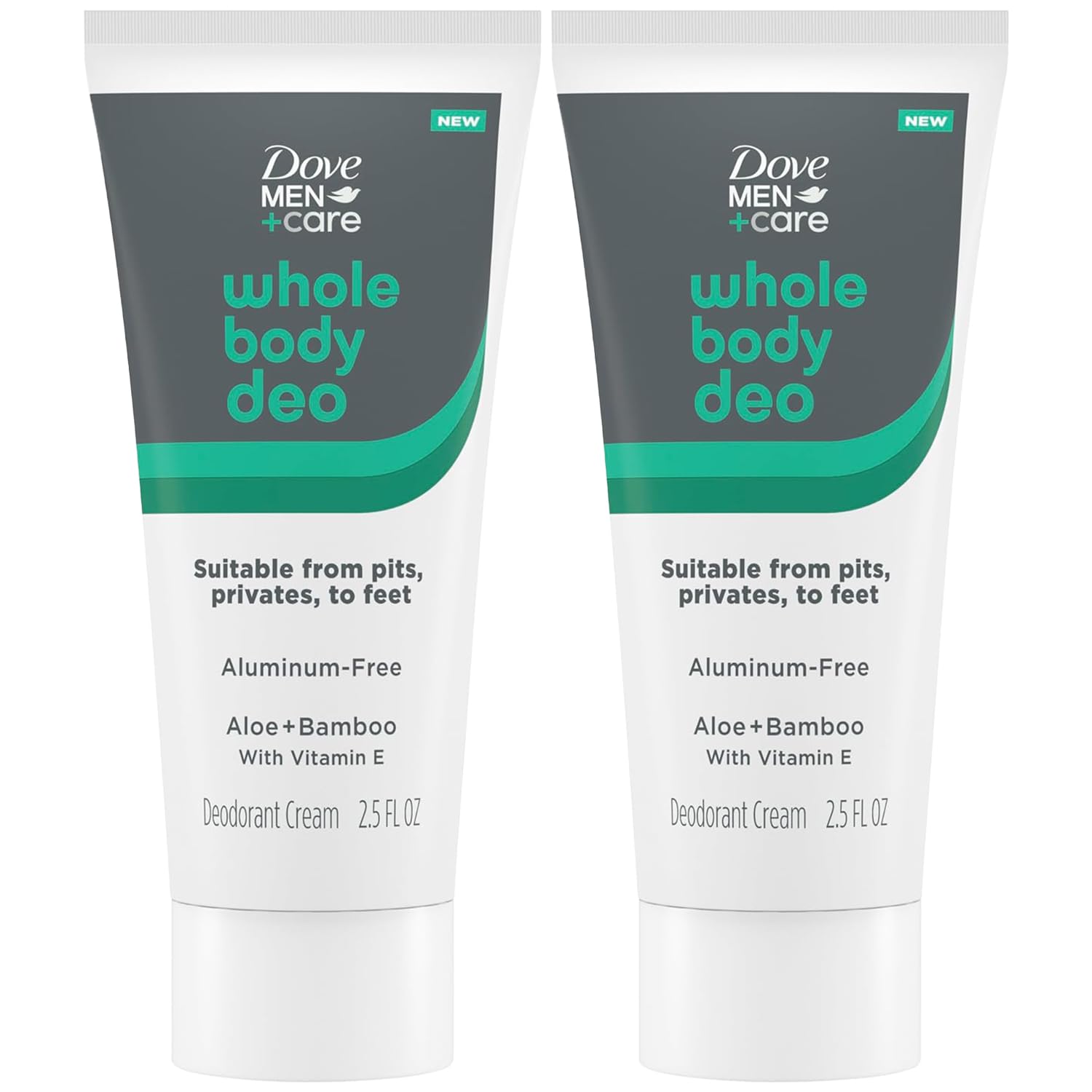 Dove Men+Care Whole Body Deo packaging in a 2-pack for all-day odor control.