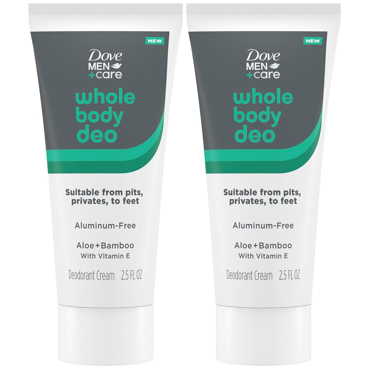 Dove Men+Care Whole Body Deo packaging in a 2-pack for all-day odor control.