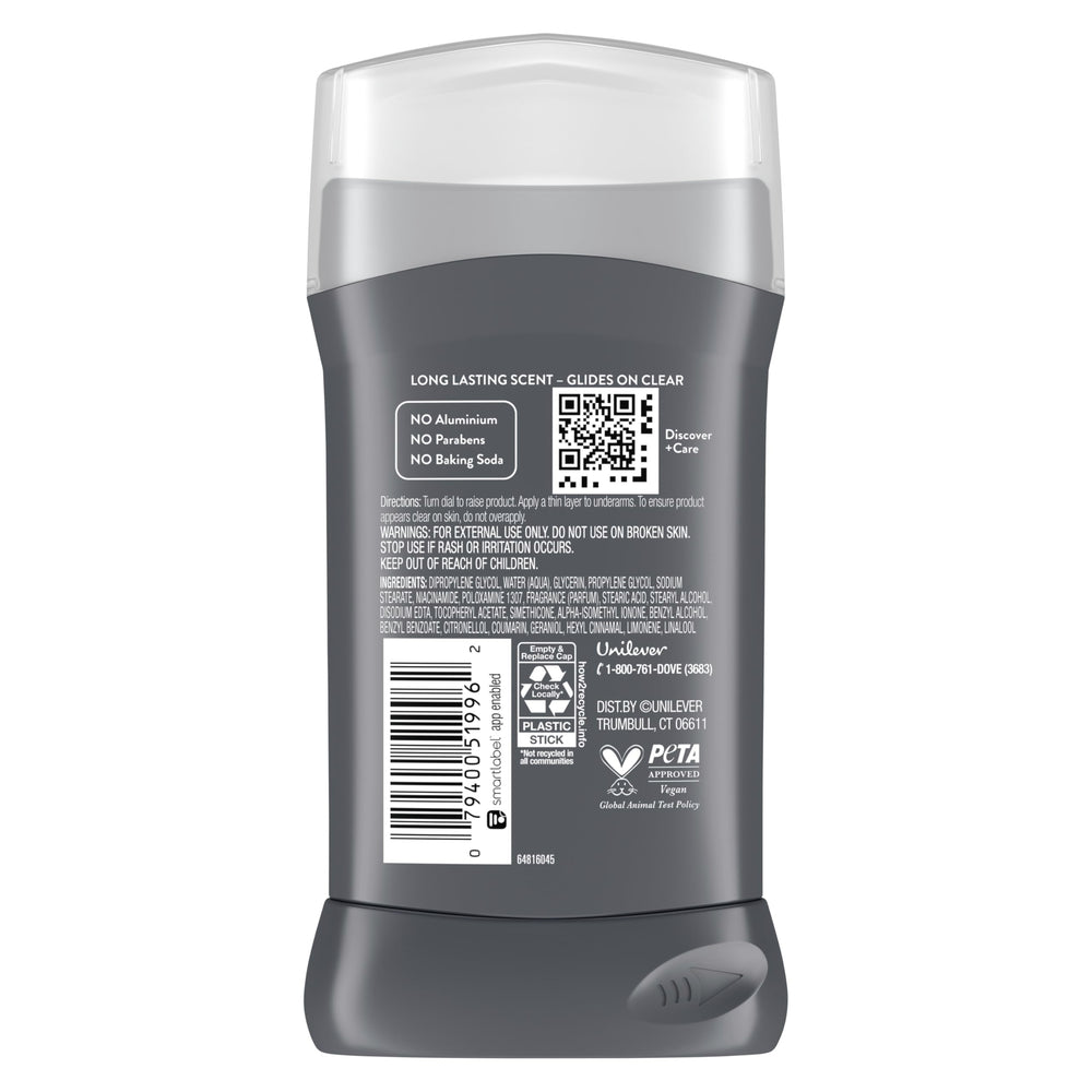 DOVE Men+Care Wild Eucalyptus packaging highlights aluminum-free formula.