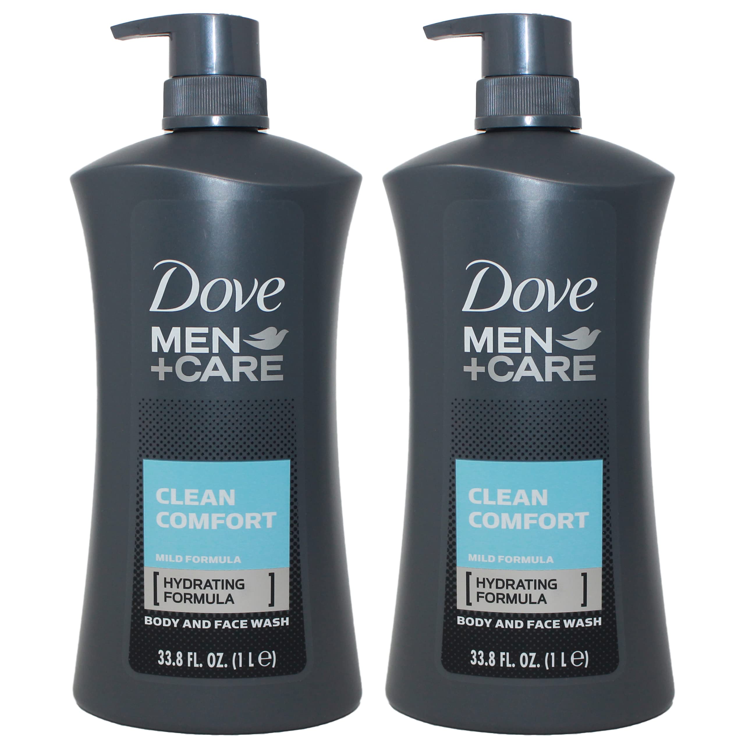 Dove Men Clean Comfort body wash bottle for hydrated, refreshed skin after shower.