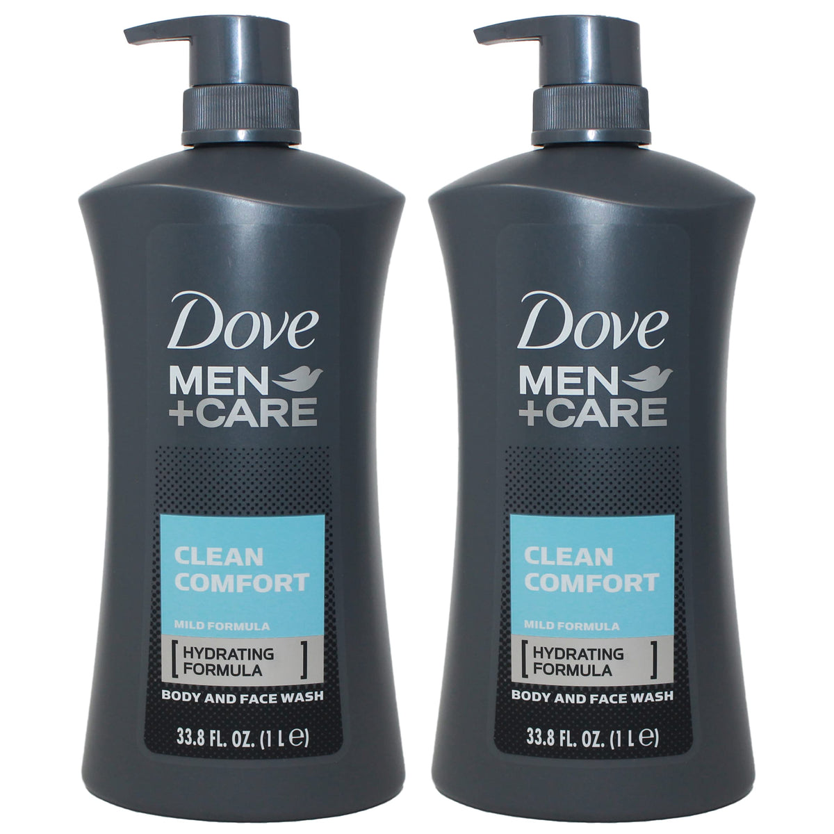 Dove Men Clean Comfort body wash bottle for hydrated, refreshed skin after shower.