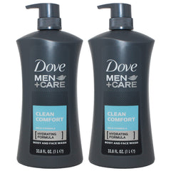 Dove Men Clean Comfort body wash bottle for hydrated, refreshed skin after shower.