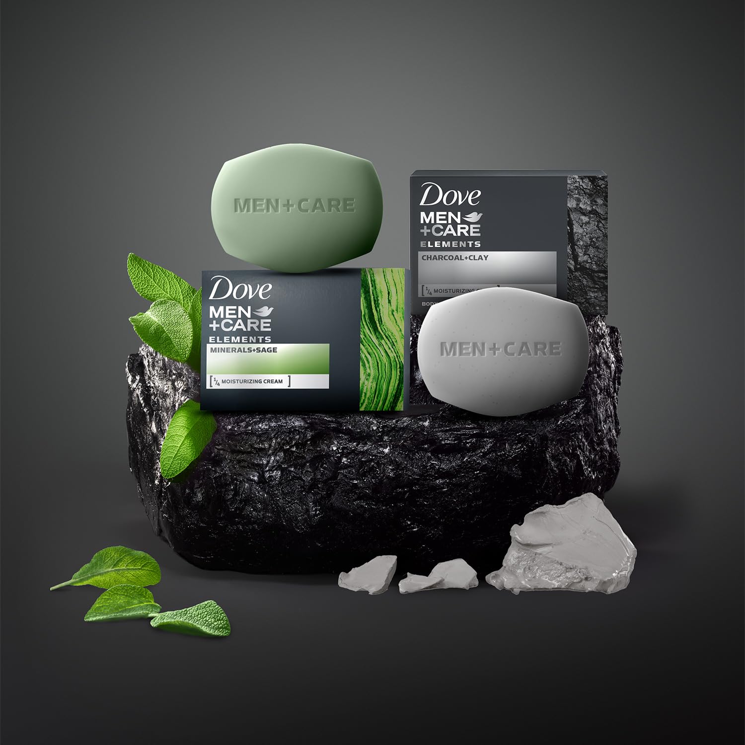 Dove Men+Care 12-bar bundle displayed on a bathroom shelf.