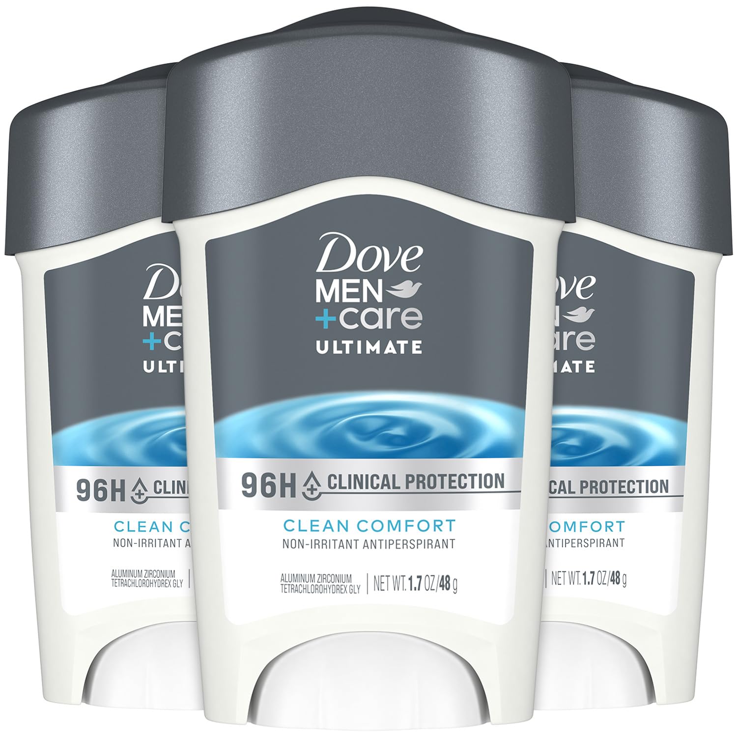 Dove Men+Care 96H protection pack front showing three bottles for long-lasting dryness