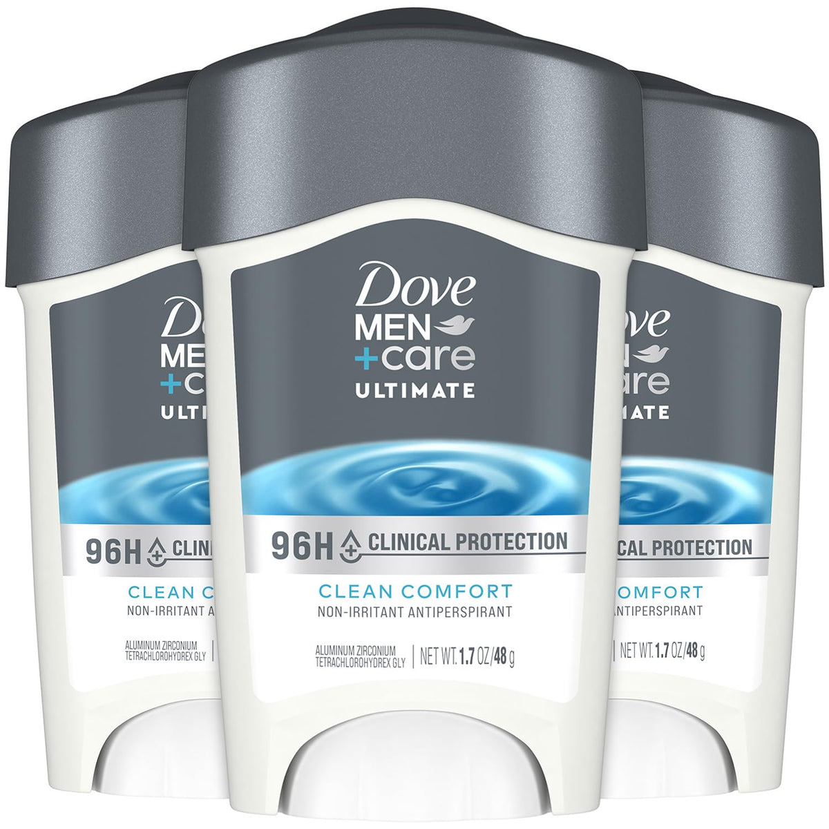Dove Men+Care 96H protection pack front showing three bottles for long-lasting dryness
