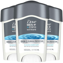 Dove Men+Care 96H protection pack front showing three bottles for long-lasting dryness