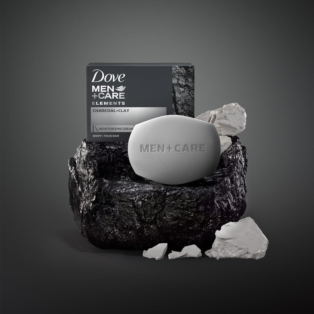 Dove Men+Care exfoliating bar after-shave routine visuals.