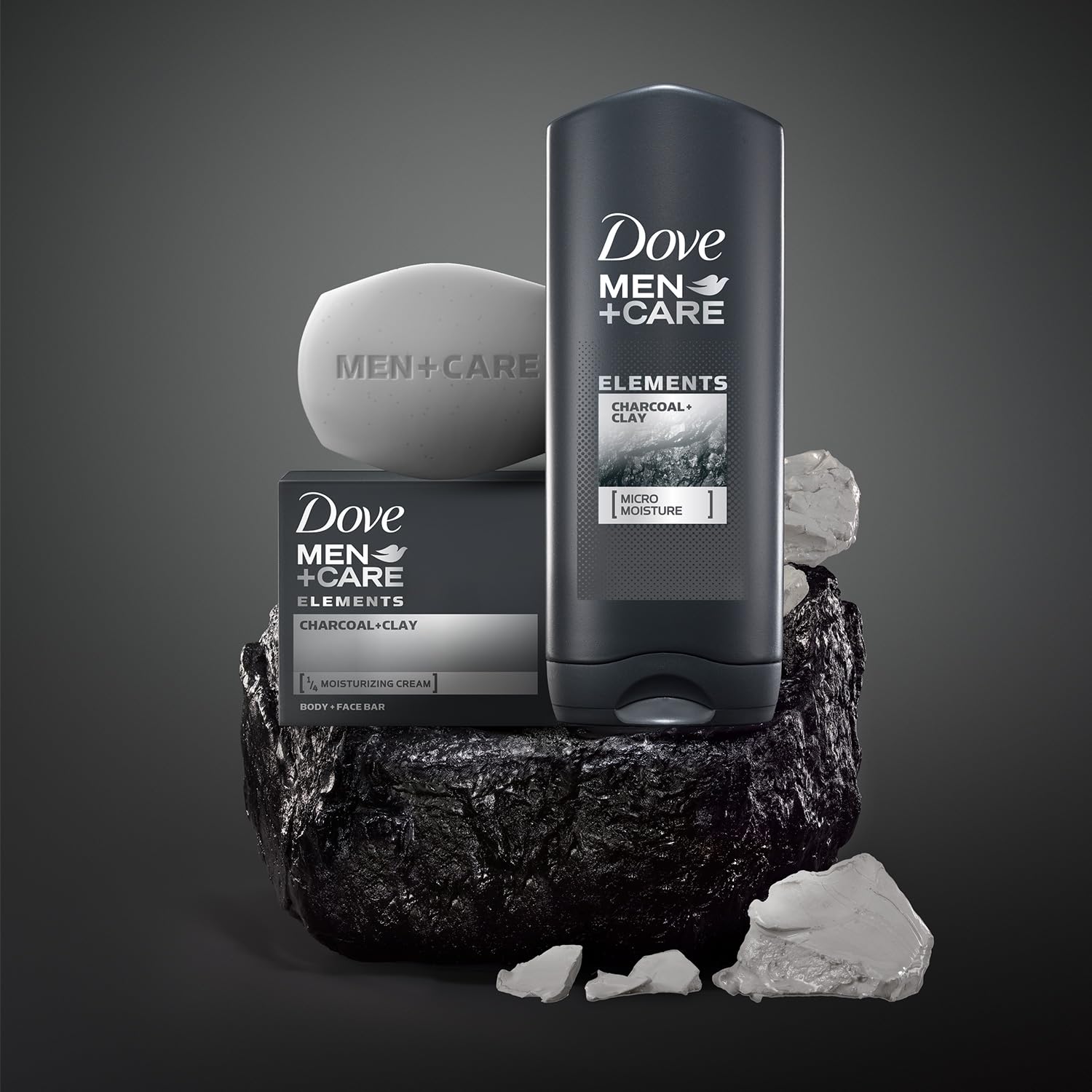 Dove Men+Care charcoal bar for daily cleansing and care.
