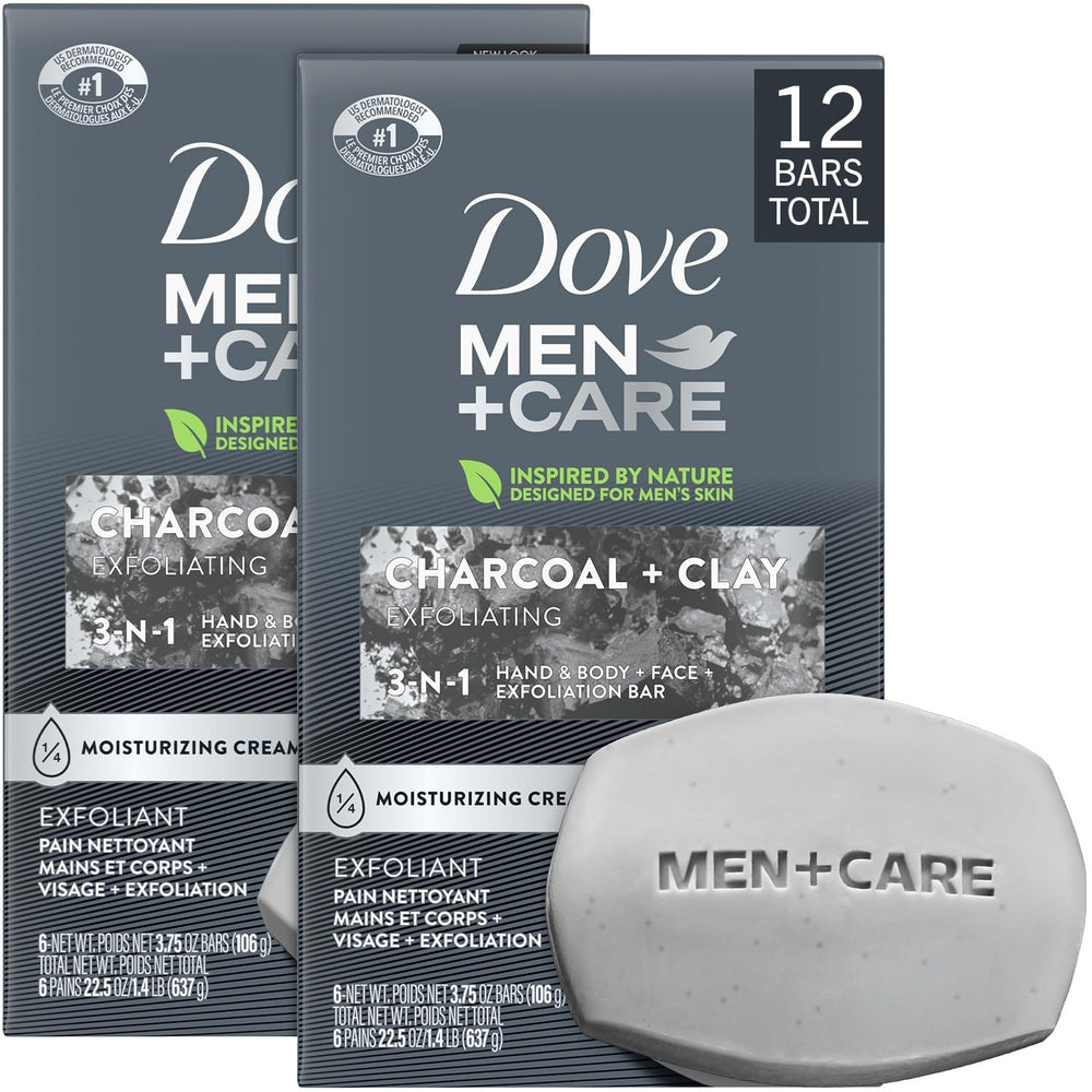 Dove Men+Care charcoal bar exfoliating action for refreshed skin.