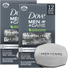 Dove Men+Care charcoal bar exfoliating action for refreshed skin.