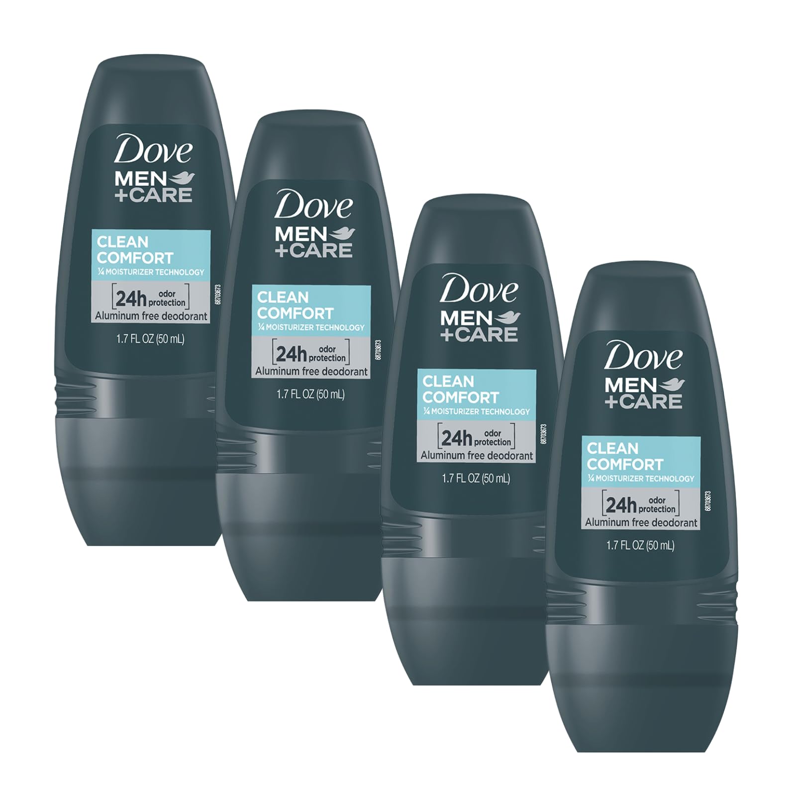 Dove Men+Care Clean Comfort roll-on deodorant four-pack bottle close-up showing all-day protection.