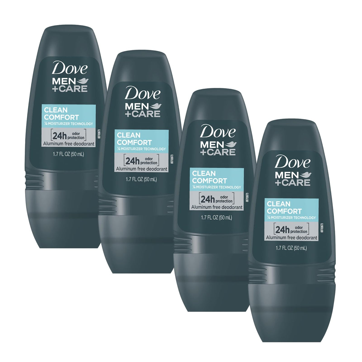 Dove Men+Care Clean Comfort roll-on deodorant four-pack bottle close-up showing all-day protection.