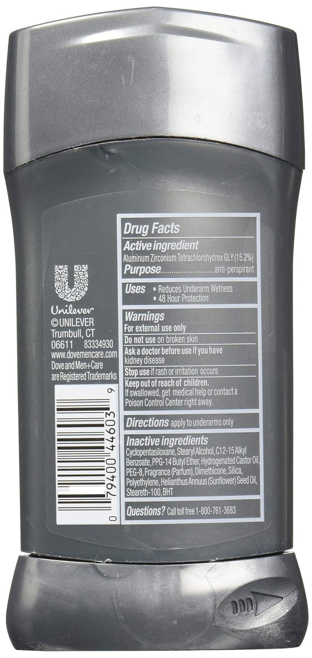 Dove Men+Care Sensitive Shield packaging shows four-stick value pack.