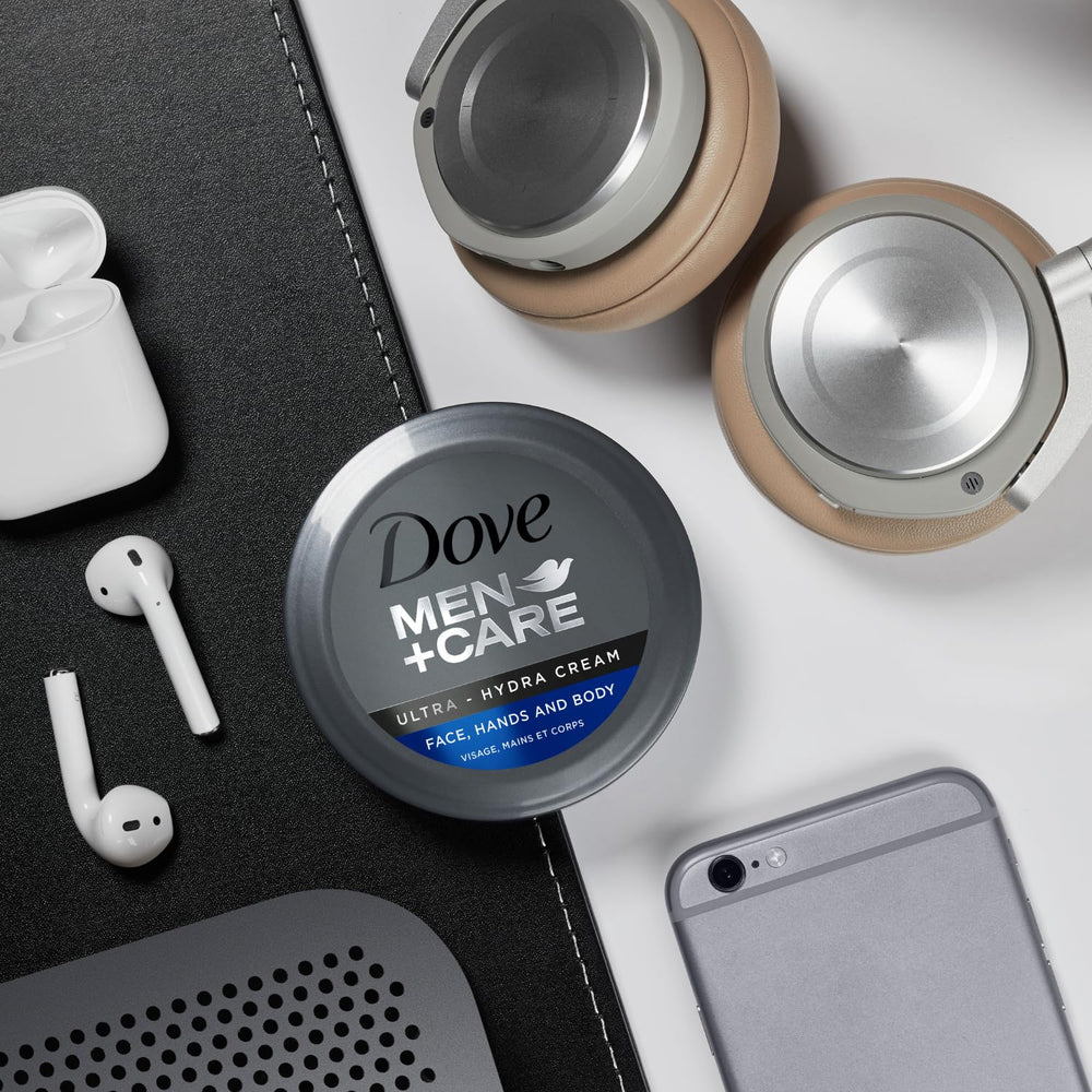 Dove Men+Care Ultra Hydra Cream face-care scene shows versatile 3-in-1 use.