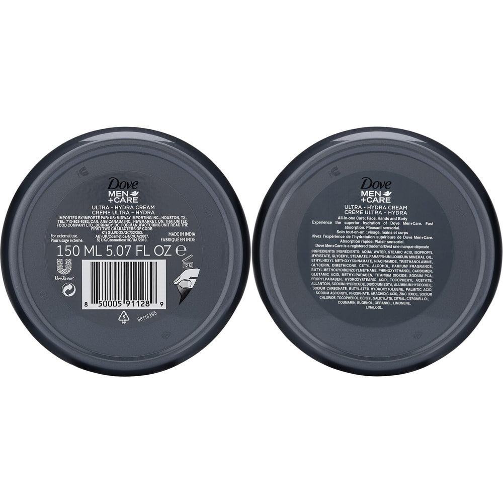 Dove Men+Care Ultra Hydra Cream hand-application demonstrates fast-absorbing moisture for hands.