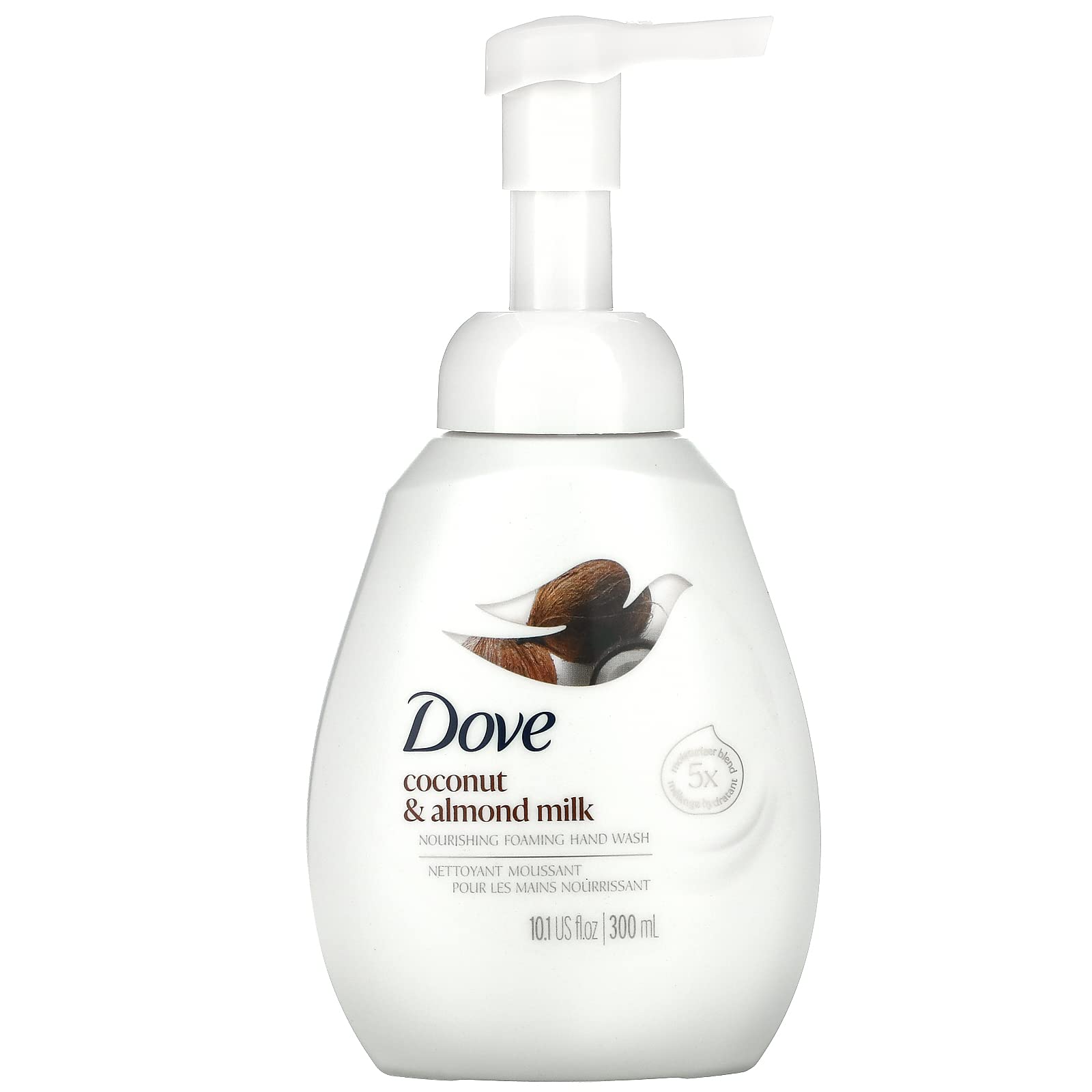 Dove nourishing foaming hand wash coconut almond milk bottle cleanses gently and nourishes hands.