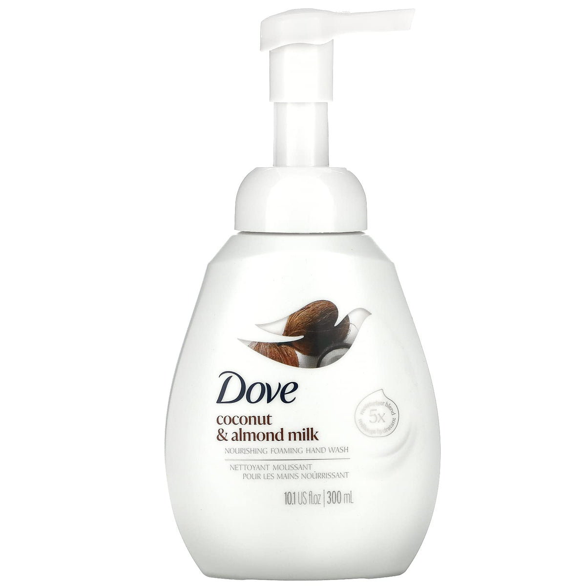 Dove nourishing foaming hand wash coconut almond milk bottle cleanses gently and nourishes hands.