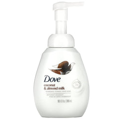 Dove nourishing foaming hand wash coconut almond milk bottle cleanses gently and nourishes hands.