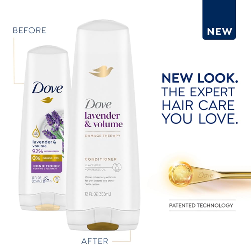 Dove Thickening Conditioner application highlights lavender and rosemary for added fullness.