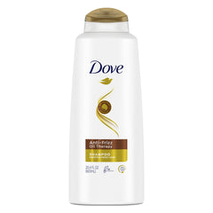 Dove Nutritive Solutions Anti-Frizz Oil Therapy shampoo bottle on shelf promises sleek, frizz-free days