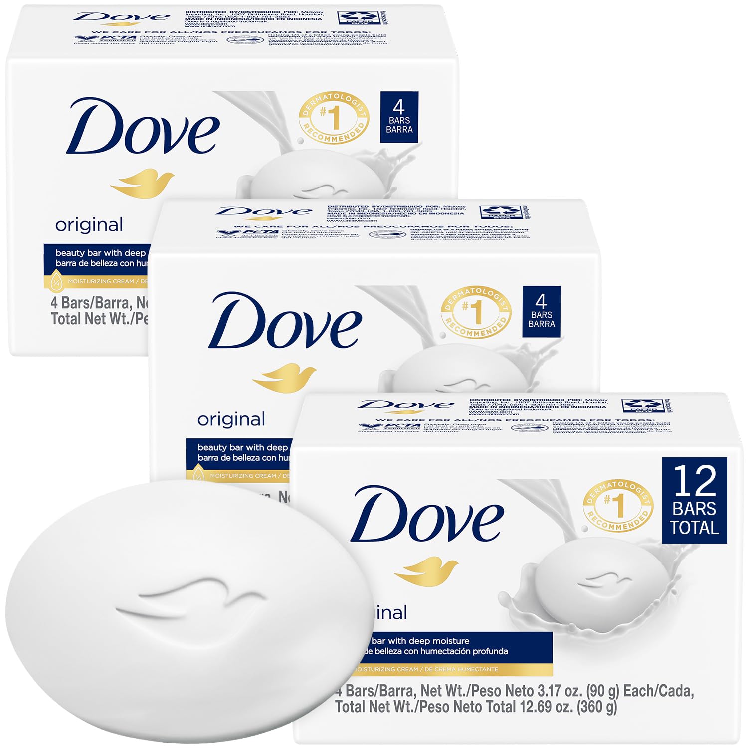 Dove Original Beauty Bar 12-bar pack front view highlighting moisturizing formula