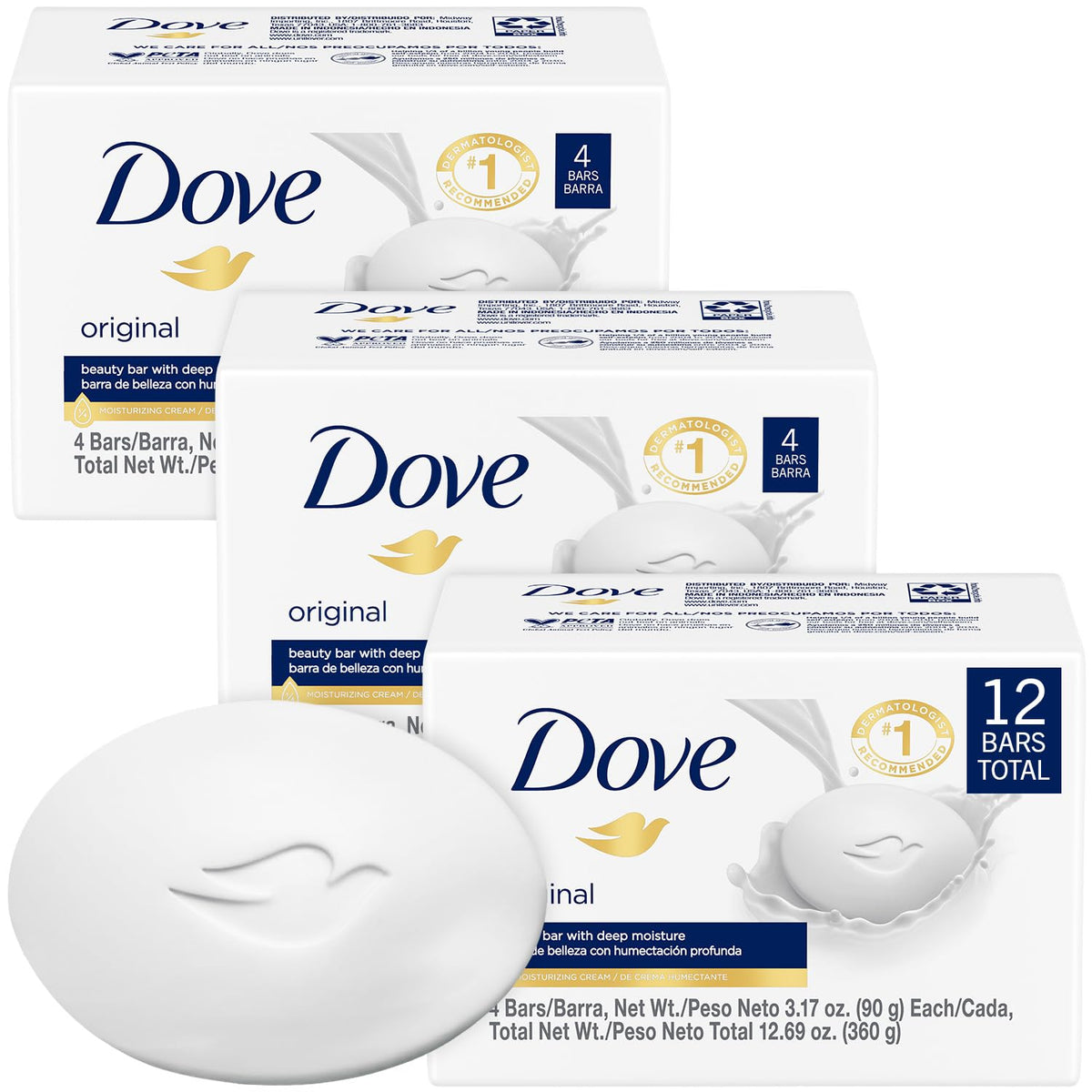 Dove Original Beauty Bar 12-bar pack front view highlighting moisturizing formula