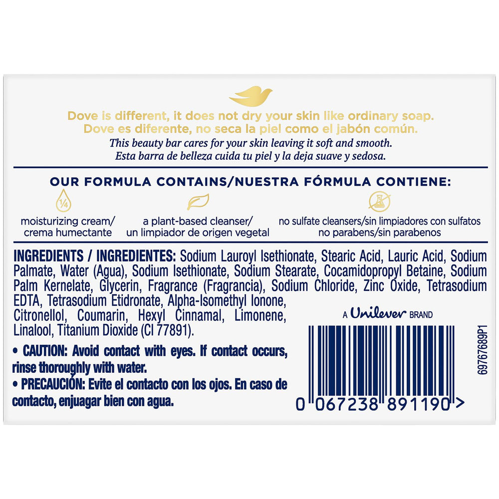 Dove Original Beauty Bar box close-up highlighting moisturizing cream for hydrated skin.