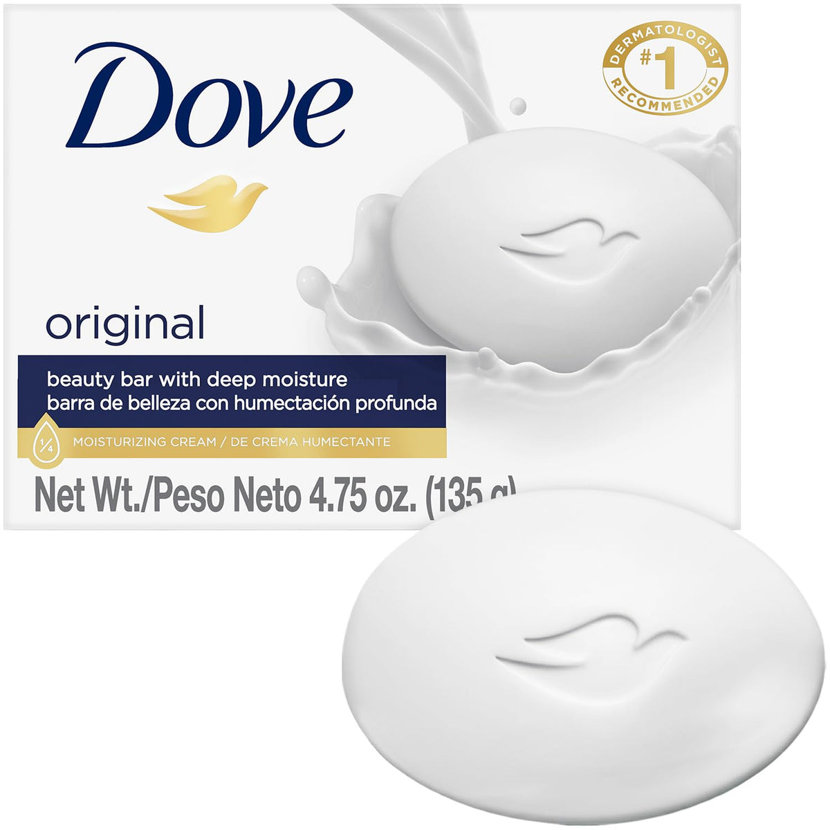 Dove Original Beauty Bar packaging front view, versatile for daily body, face, and hand cleansing.
