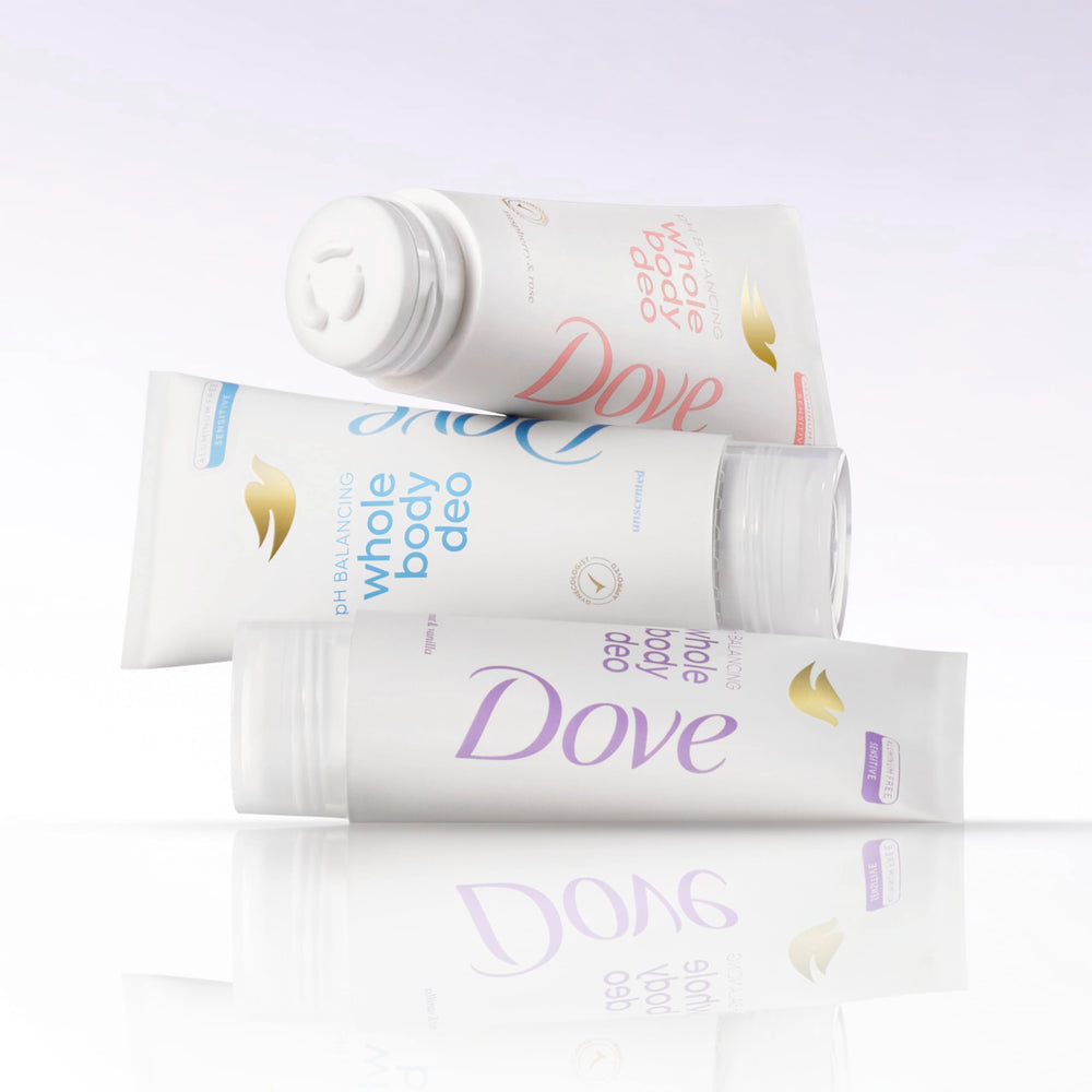 Dove Whole Body Deo pH-balancing formula with lactic acid on skin texture close-up.