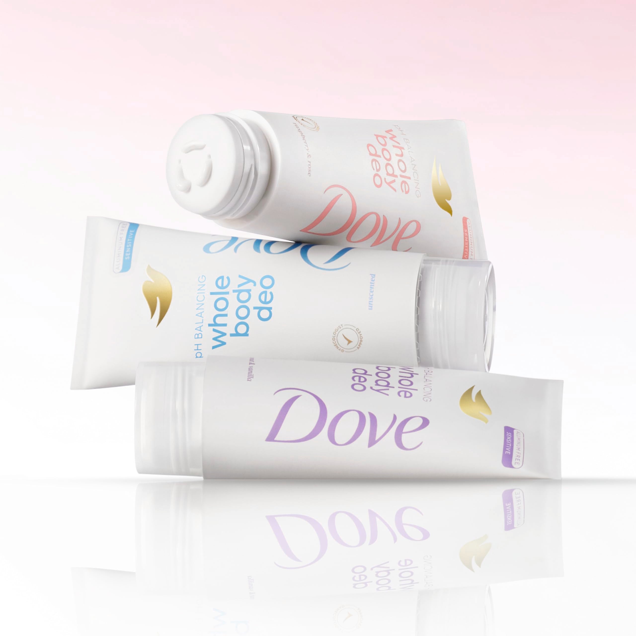 Dove packaging with raspberry rose jar highlighting vegan aluminum-free formula