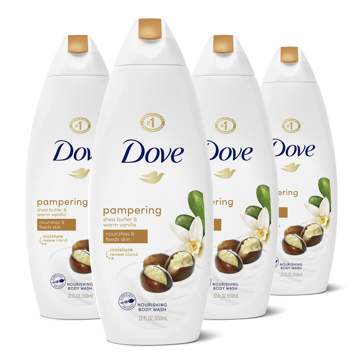 Dove Purely Pampering Shea Butter Body Wash bottle with warm vanilla for gentle cleansing of dry skin