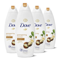 Dove Purely Pampering Shea Butter Body Wash bottle with warm vanilla for gentle cleansing of dry skin