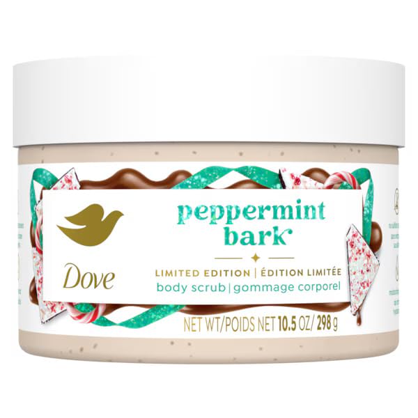 Dove Peppermint Bark scrub jar shows nourishing exfoliation for silky skin.