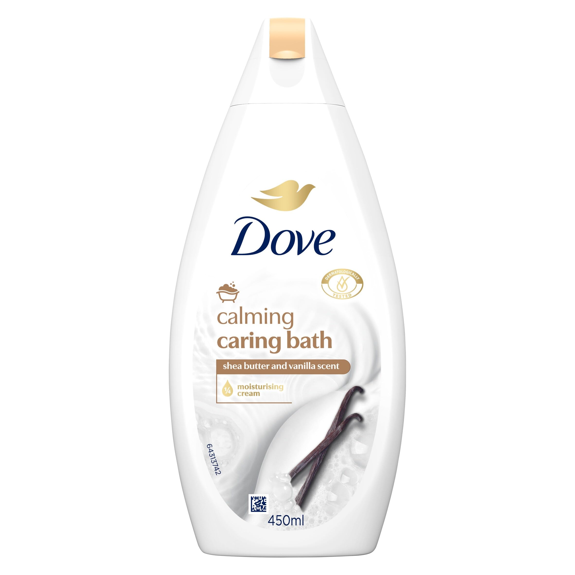 Dove Purely Pampering Shea Butter Bath Soak bottle pour for a relaxing, moisturizing bath.