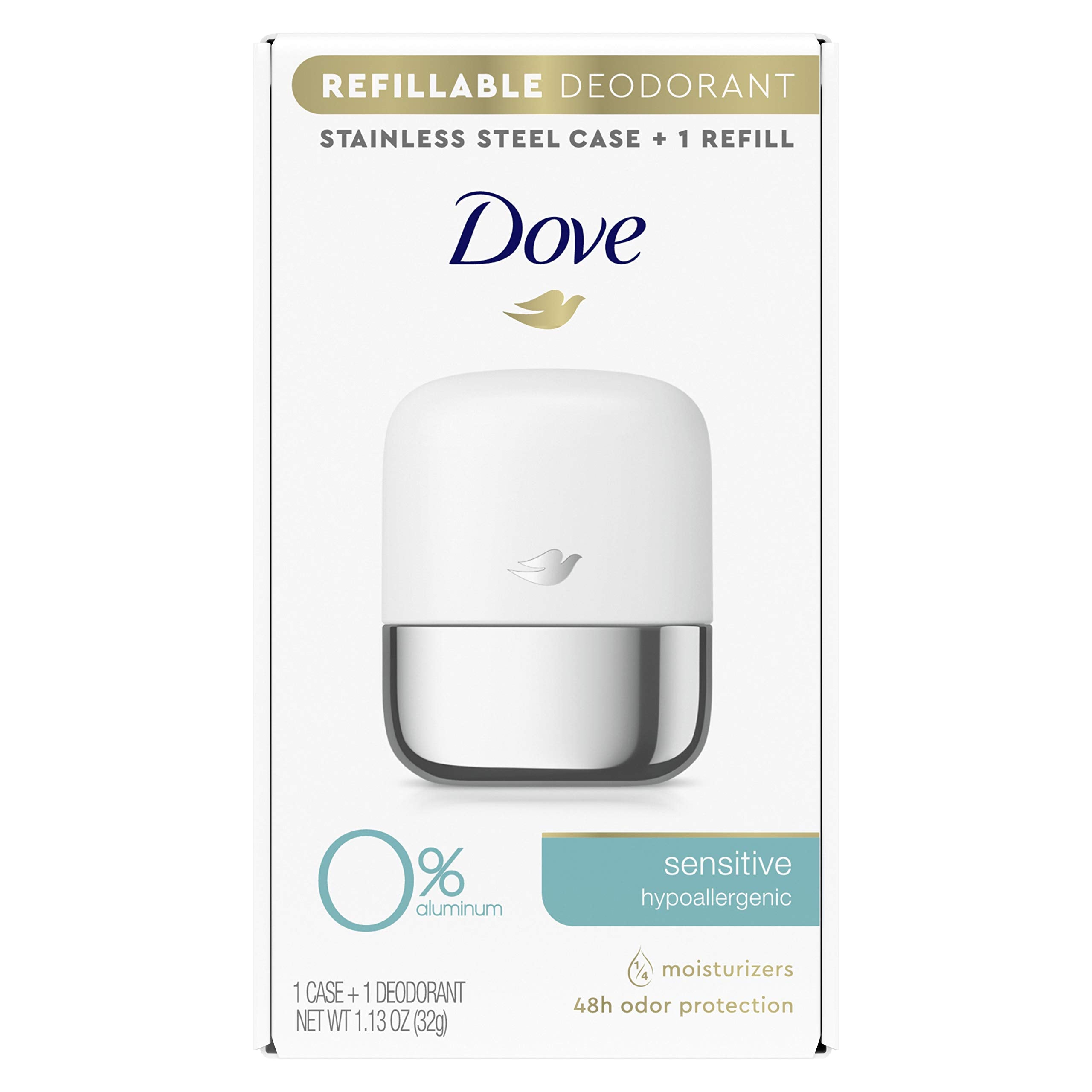 Dove refillable deodorant starter kit case shows durable stainless steel for long-lasting use
