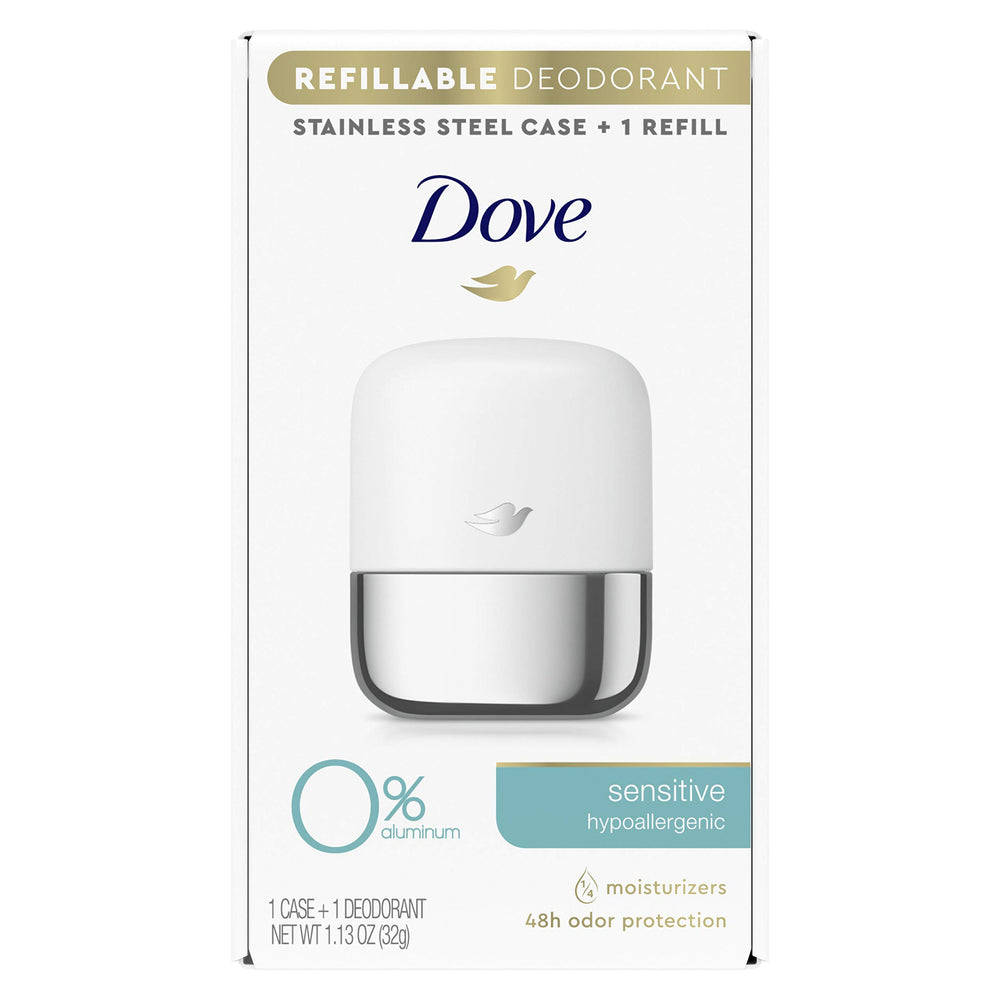 Dove refillable deodorant starter kit case shows durable stainless steel for long-lasting use