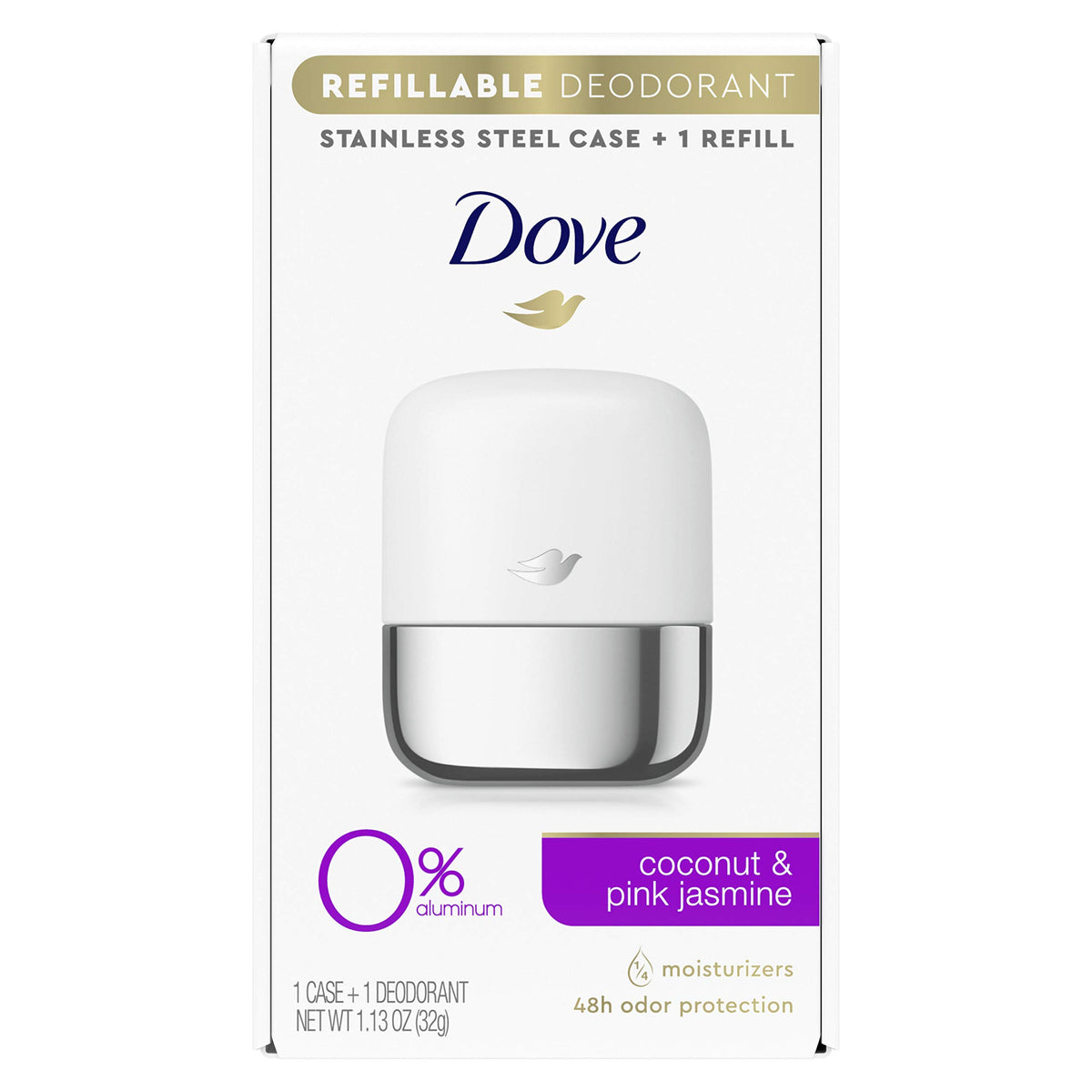 Dove refillable deodorant starter kit stainless-steel case for durable reuse and waste reduction.