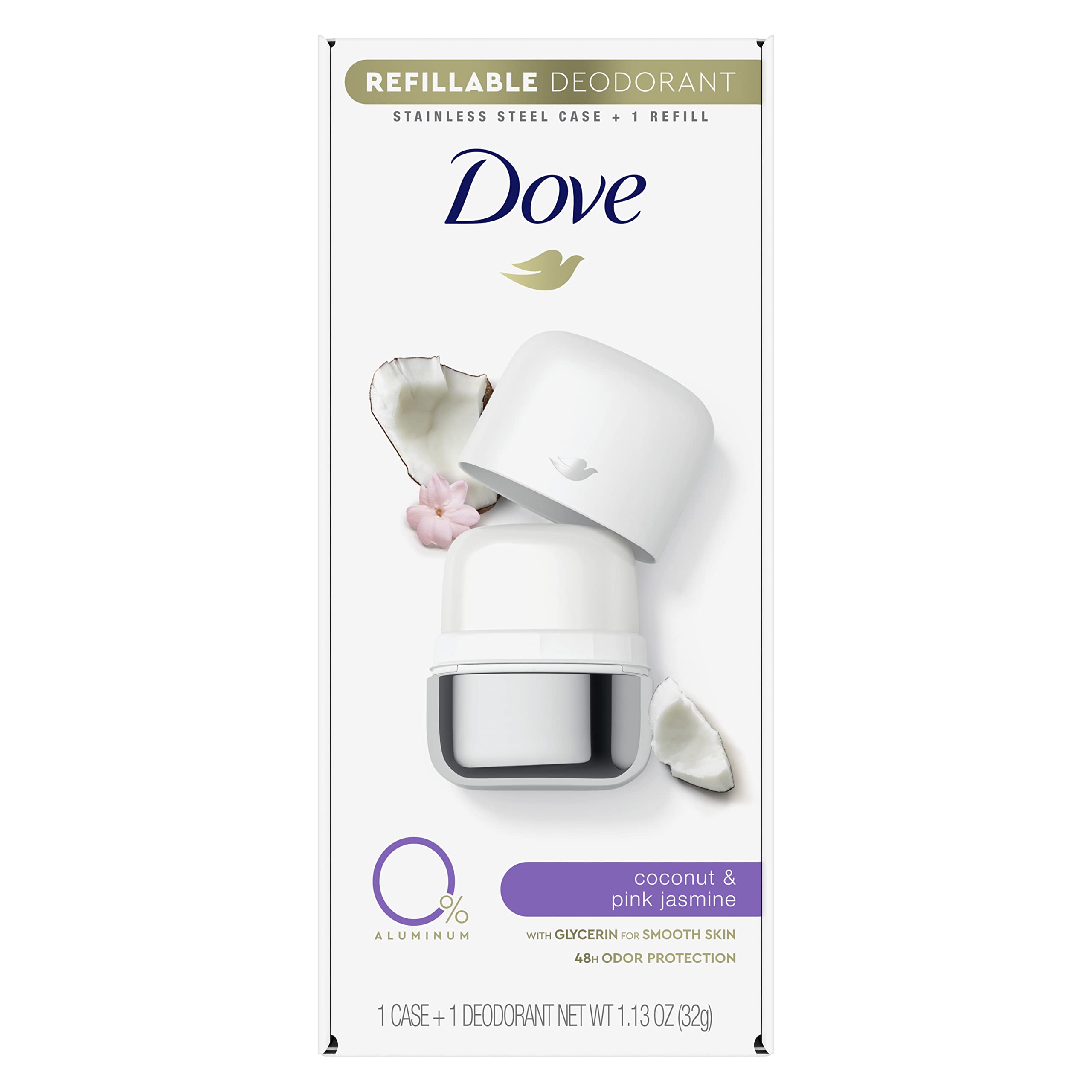 Dove refillable deodorant starter kit with stainless steel base delivering sustainable daily freshness.
