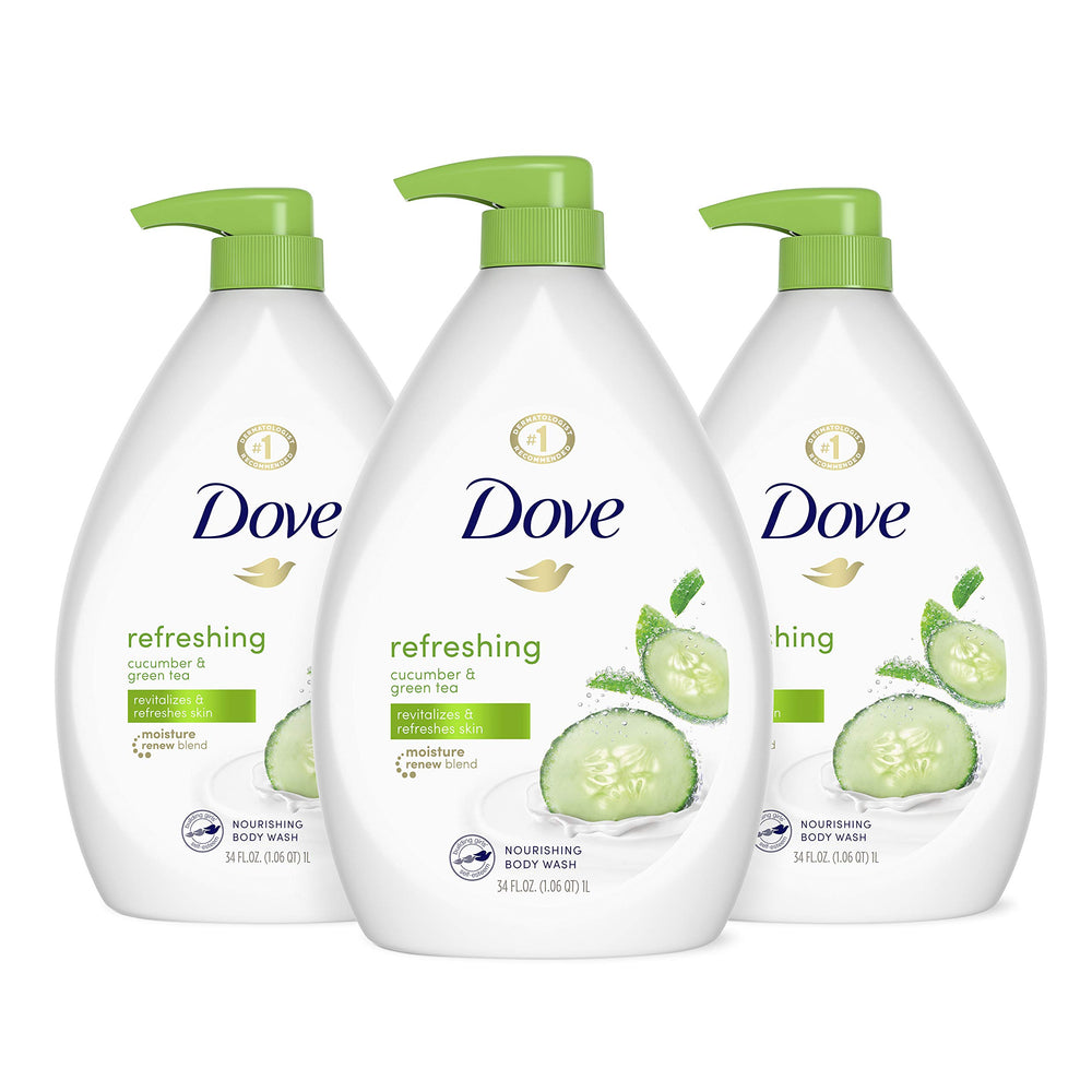 Dove Refreshing Body Wash cucumber pump bottle for easy dispensing and refreshing cleanse.
