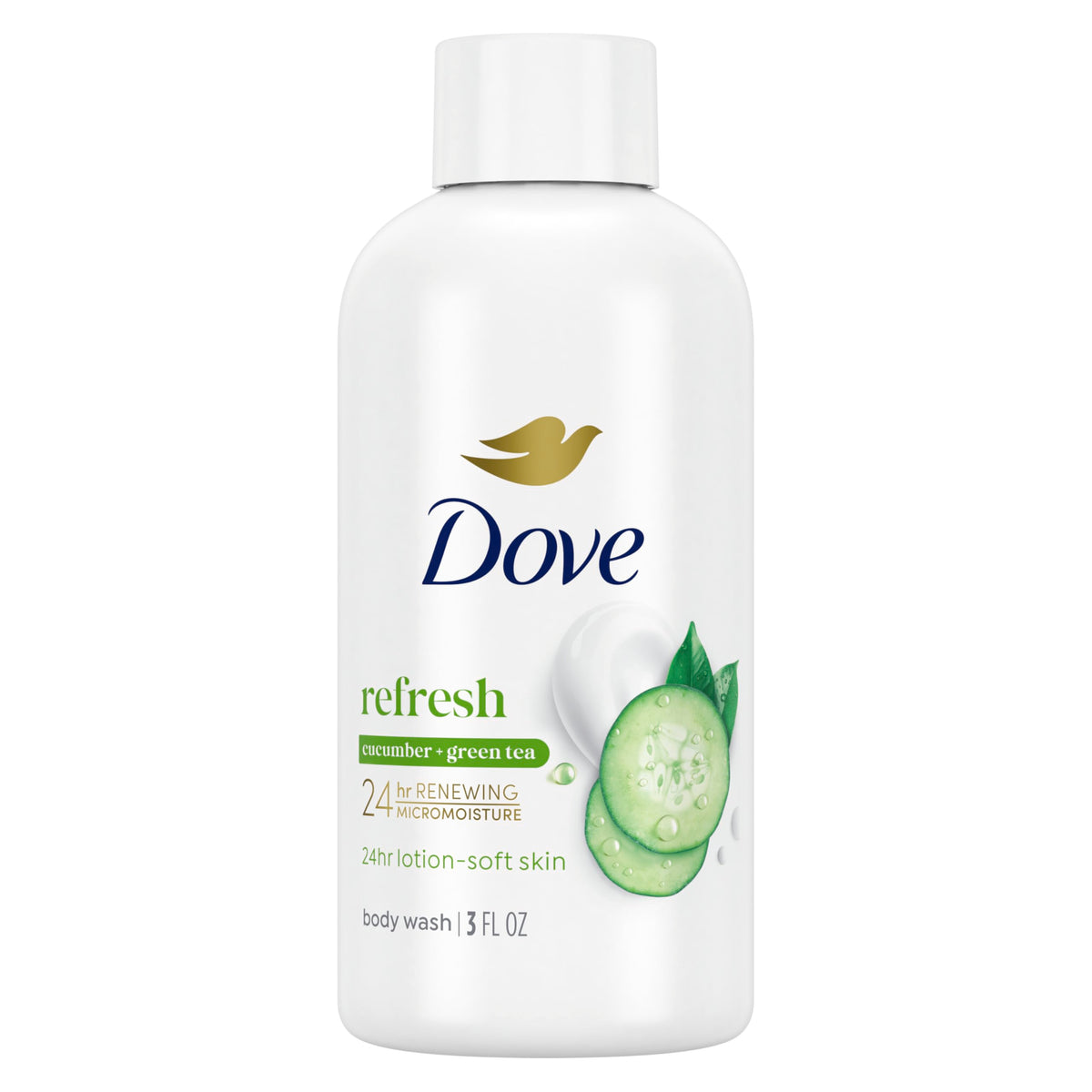 Dove Refreshing Cucumber and Green Tea bottle showing eco-friendly packaging and hydration.
